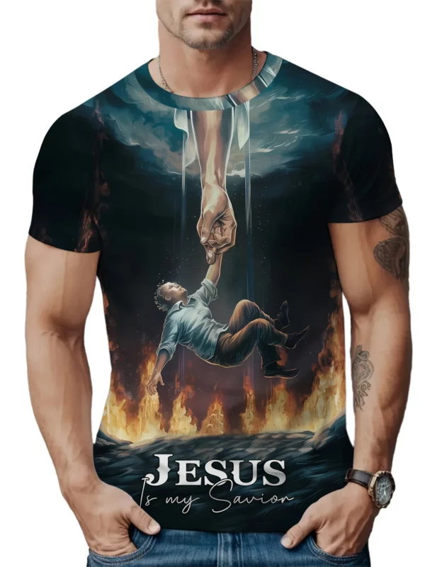T-Shirt à Manches Courtes et Col Rond pour Homme, Vêtement de Rue, avec Impression Croisée, Graphique de Jésus, Grande Taille, Été – Image 3