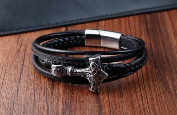Bracelet Viking rétro en acier inoxydable pour hommes, tressé en cuir véritable, accessoire de beau cadeau à la mode, bijoux – Image 7