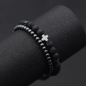 2 pièces hommes Bracelet ensemble hématite croix Braslet pour Hombre naturel lave yeux de tigre pierre Braclet Homme perlé Brazalete Pulseira
