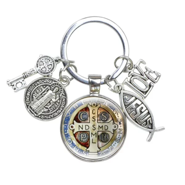 Porte-Clés Médaillon Saint Benoît, J'aime Jésus, Artisanat, Breloques en Verre Bombé, Catholique, San Benito, Bijoux Religieux – Image 8