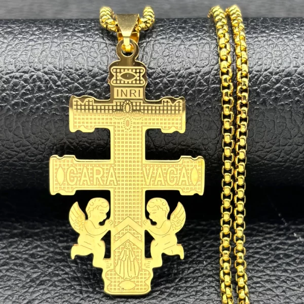 Hip Hop catholique Caravaca croix Crucifix pendentif collier pour femmes hommes en acier inoxydable ange INRI vierge marie chaîne bijoux – Image 2
