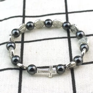 Bracelet chapelet catholique, médaille de saint benoît, croix, Bracelets de prière, perles d'hématite, accessoires bijoux religieux
