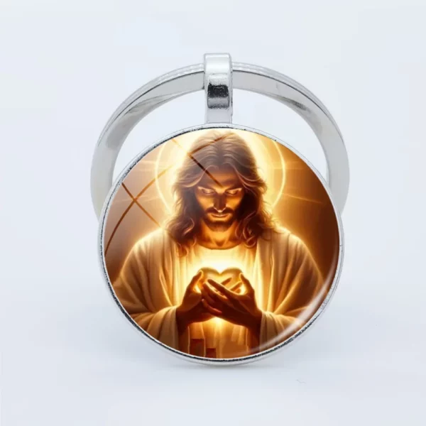 Porte-clés pendentif circulaire en verre à motif de jésus pour anniversaires masculins et féminins, fêtes de remise de diplôme, cadeaux de bijoux de famille – Image 5