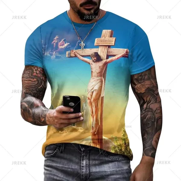 T-shirt à manches courtes imprimé 3D pour hommes et femmes, vêtements de rue décontractés, vêtements vintage, impression graphique du Christ Jésus, pop et hip hop, été – Image 35