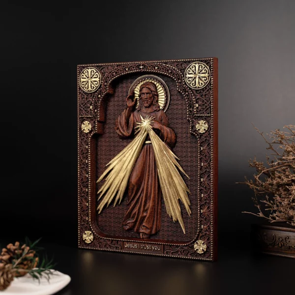 Image de jésus catholique religieux en bois, le sacré cœur et la miséricorde divine, Plaque murale de jésus, Statues sainte – Image 7
