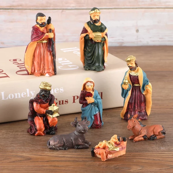 Cadeau d’ornement du Christ en résine de Jésus, artisanat de scène de nativité, statue en résine, mangeoire de Noël, figurine catholique, ensemble de 8 pièces – Image 11