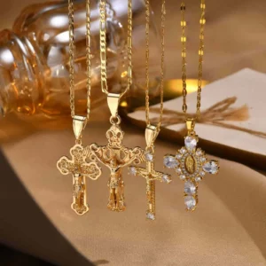 Vnox – colliers pendentif plaqués or pour femmes, en acier inoxydable, creux, croix de jésus, Design classique, bijoux Christain, cadeau