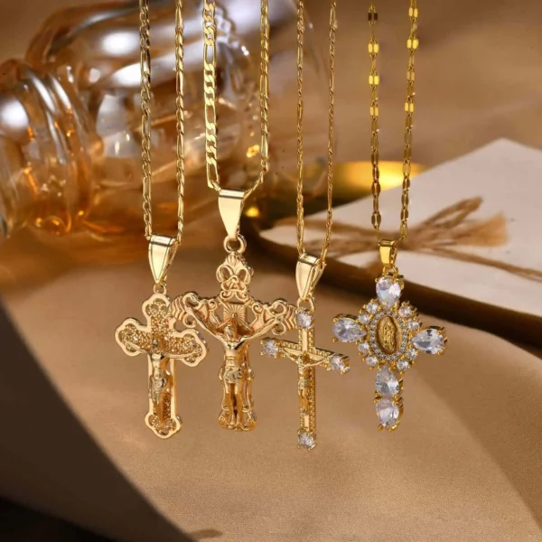 Vnox – colliers pendentif plaqués or pour femmes, en acier inoxydable, creux, croix de jésus, Design classique, bijoux Christain, cadeau