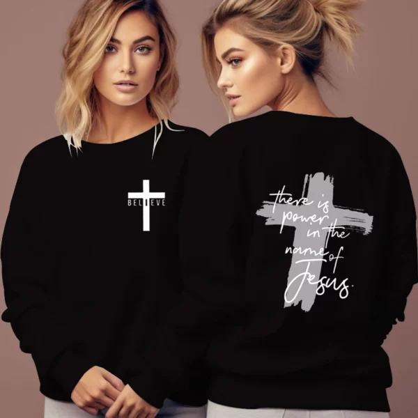 Sweat-shirt de foi chrétienne pour femme, pull sans capuche, il y a du pouvoir dans le nom de Jésus, sweat à capuche avec lettre graphique, Faith Cross Female – Image 7
