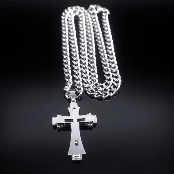 Collier multicouches en acier inoxydable pour hommes, bijoux Hip Hop, avec pendentif Crucifix chrétien – Image 2