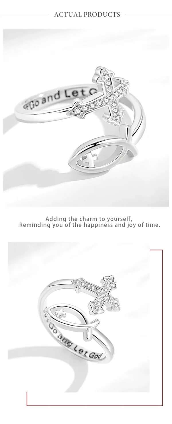 Eudora-Bague réglable en argent regardé 925 pour femme, croix de Jésus poisson, croix besters chrétienne, cadeau de bijoux Ichthus pour la colonne vertébrale – Image 12