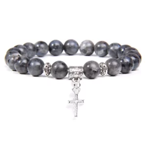 Bracelet en Pierre Naturelle, Labrumen Noir, Perles Turquoises, Pendentif Croix de Jésus, Bijoux de Prière, pour Homme et Femme