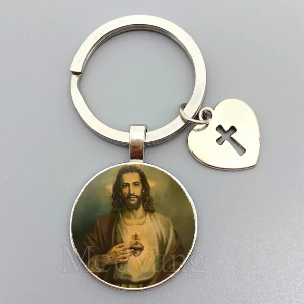Porte-clés Jésus Sacré-Cœur Vierge Marie, porte-clés en verre breton, bijoux catholiques pour hommes et femmes, cadeaux – Image 15
