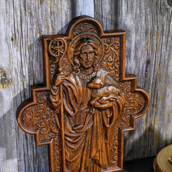 Sculpture sur bois de haute qualité, icône de berger de jésus, Plaque de Sculpture, décoration murale catholique pour la maison – Image 9