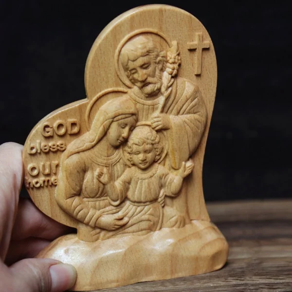 Figurine en Bois en Forme de Cœur d'Amour Catholique, Statue de Jésus Sainte Famille Carimplantée pour la Maison, Chambre à Coucher, Salon, Décor de Bureau – Image 7