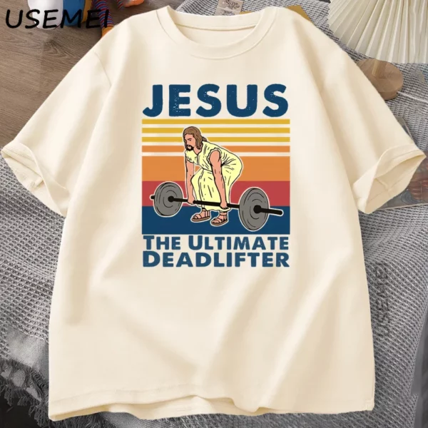 Jésus le dernier Deadlifter t-shirts foi religieuse gymnase T-shirt drôle coton T-shirt hommes Streetwear ample mâle vêtements – Image 3