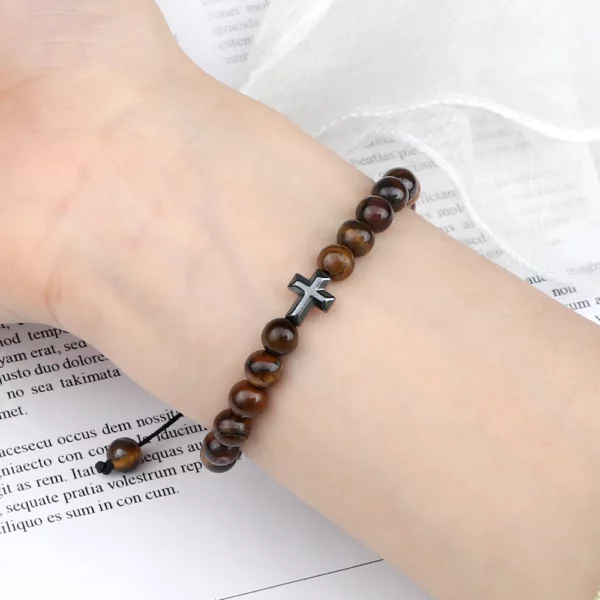 Bracelet en Pierre Naturelle pour Homme et Femme, Pendentif Croix de Jésus, Œil de Tigre Perlé, Tressé, Guérison Énergétique, Bijoux à la Mode, Cadeau, 6mm – Image 18