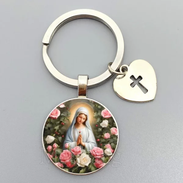 Porte-clés Jésus Sacré-Cœur Vierge Marie, porte-clés en verre breton, bijoux catholiques pour hommes et femmes, cadeaux – Image 11