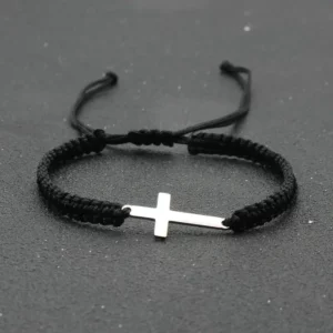 Bracelets de Couple en corde tressée, croix Simple, noir et blanc, couleur argent, réglable, bijoux chrétiens