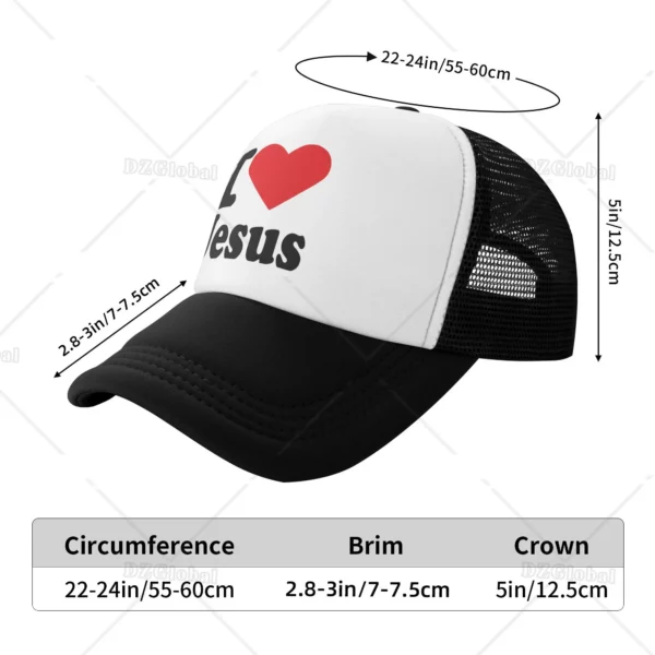 Chapeau de camionneur imprimé I Love Jesus pour hommes et femmes, casquette de baseball en maille, chapeaux de soleil, casquette de cowboy, chapeau de papa d'été, noir – Image 5