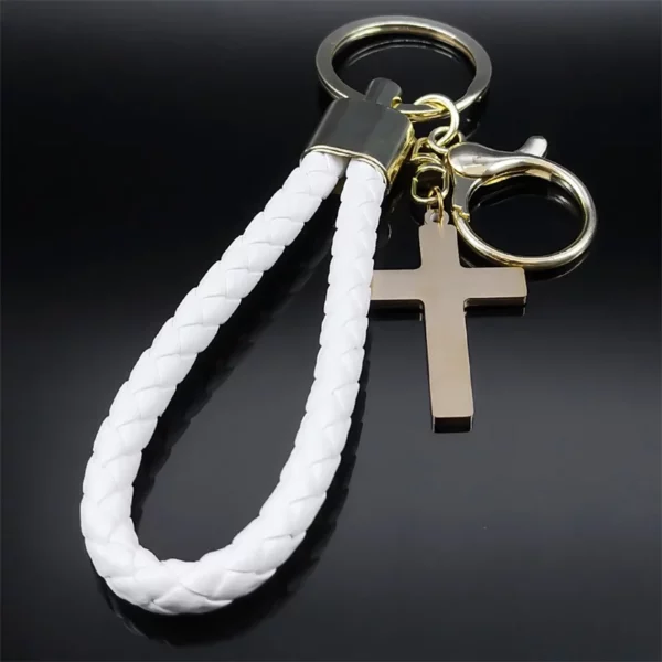 Porte-clés pendentif croix de Jésus en acier inoxydable pour femmes et hommes, porte-clés chrétien en cuir PU, porte-bijoux, document en or – Image 4