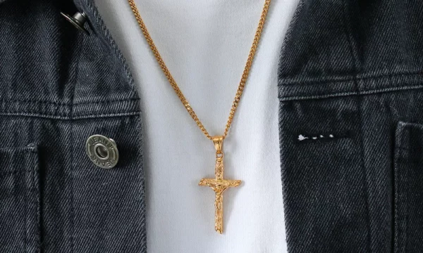 Collier croix en acier inoxydable pour hommes et femmes, pendentif Jésus, collier de document en or, catholique, prière d'église, bijoux de foi, cadeau – Image 9