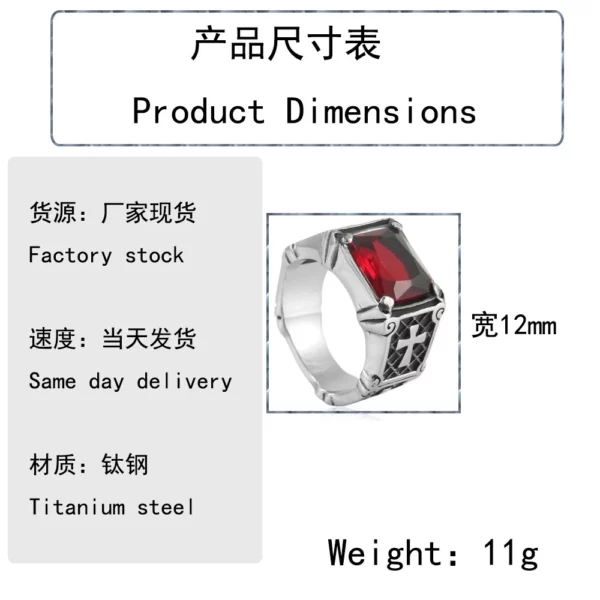 Bague rétro tendance en forme de croix en acier inoxydable pour hommes, anneau carré en pierre multicolore de Style Punk, accessoire à la mode – Image 6