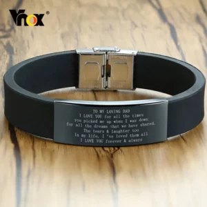 Bracelet cadeau de fête des pères Vnox 16 mm, bracelet en caoutchouc et silicone noir avec barre en acier inoxydable personnalisée pour mon papa, bracelet décontracté pour hommes