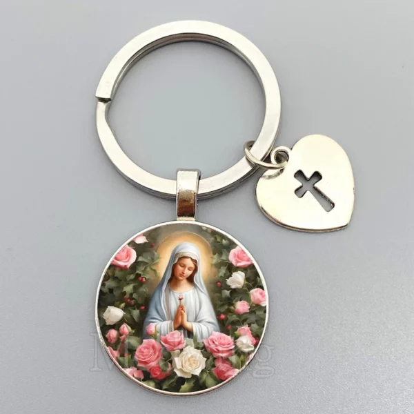 Porte-clés Jésus Sacré-Cœur Vierge Marie, porte-clés en verre breton, bijoux catholiques pour hommes et femmes, cadeaux – Image 27