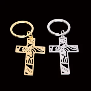 Porte-clés pendentif croix de Jésus en acier inoxydable, simple, évider, tout match, sac, voiture, accessoires, nouvelle mode, 2024