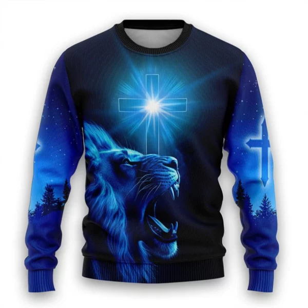 Sweat-shirt graphique Lion chrétien dieu jésus laid pull de noël pour femmes vêtements décontracté croix à manches longues homme pulls – Image 3