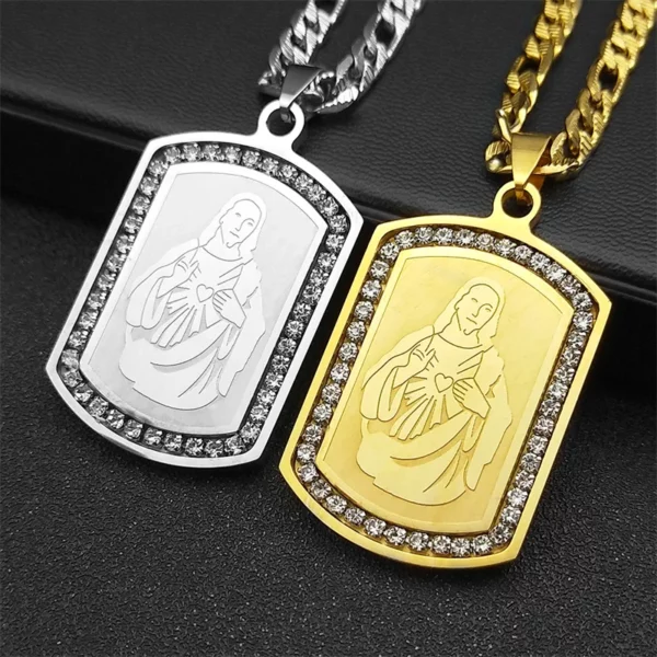 Collier pendentif coeur sacré jésus pour femmes et hommes, en acier inoxydable, strass, couleur or, amulette de foi, chaîne masculine, bijoux cadeaux – Image 5