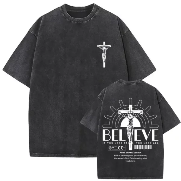 T-shirt délavé Vintage pour hommes et femmes, style religieux chrétien, jésus pardonne le père, gothique Rock, surdimensionné, Streetwear – Image 23