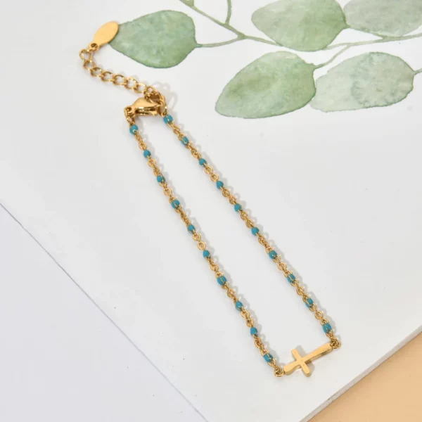 ZMZY – Bracelets Boho en acier inoxydable pour filles, chaîne fine, couleur or, rose pêche, breloque croisée, beau cadeau – Image 6