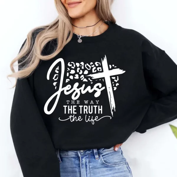 Sweat-shirt délavé à col rond pour femme, imprimé lettre Jesus The Way The Truth The Life, vêtements décontractés pour l'hiver et l'automne – Image 2