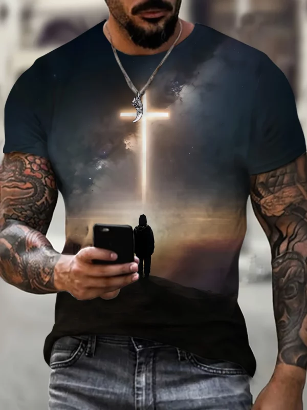 T-Shirt à Manches Courtes et Col Rond pour Homme, Vêtement de Rue, avec Impression Croisée, Graphique de Jésus, Grande Taille, Été – Image 4