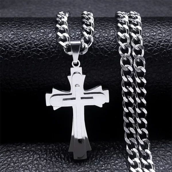 Collier multicouches en acier inoxydable pour hommes, bijoux Hip Hop, avec pendentif Crucifix chrétien – Image 7