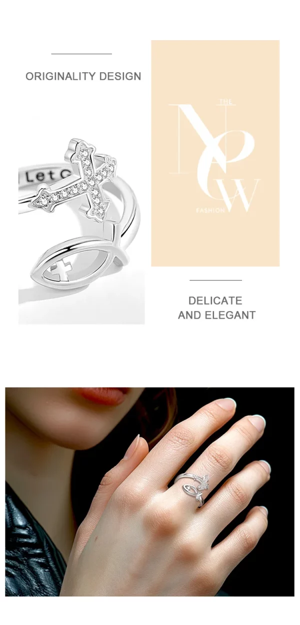 Eudora-Bague réglable en argent regardé 925 pour femme, croix de Jésus poisson, croix besters chrétienne, cadeau de bijoux Ichthus pour la colonne vertébrale – Image 13