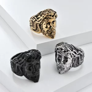 Bague de visage de Jésus-Christ en or pour hommes, bijoux chrétiens en acier inoxydable, couronne de fleurs, déclaration de foi de tête de Jésus, document