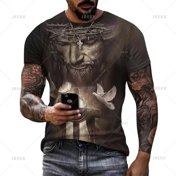 T-shirt à manches courtes imprimé 3D pour hommes et femmes, vêtements de rue décontractés, vêtements vintage, impression graphique du Christ Jésus, pop et hip hop, été – Image 25