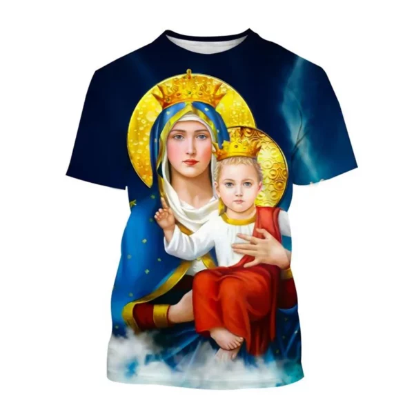 Vente chaude Vierge Marie 3D imprimé T-shirt Personnalité Christianisme Mère De Dieu Sainte Enfant T-shirts Décontracté à manches courtes T-shirt – Image 11