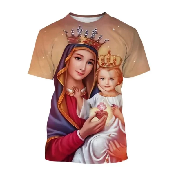 Vente chaude Vierge Marie 3D imprimé T-shirt Personnalité Christianisme Mère De Dieu Sainte Enfant T-shirts Décontracté à manches courtes T-shirt – Image 10
