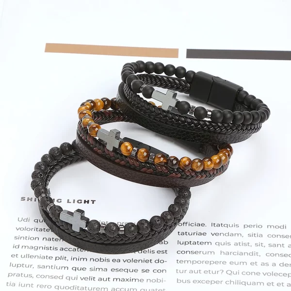 Breloques croisées classiques, 3 couches, tissées à la main, Bracelets en cuir de haute qualité pour hommes et femmes, à la mode, en pierre d'oeil de tigre, cadeau de mariage – Image 14