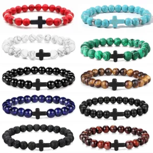 Hommes pierre naturelle perle croix Bracelet Onyx méditation Bracelet femmes Yoga bijoux Homme Pulser lave Turquoise perles Bracelets