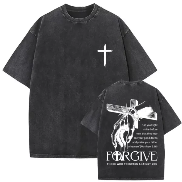 T-shirt délavé Vintage pour hommes et femmes, style religieux chrétien, jésus pardonne le père, gothique Rock, surdimensionné, Streetwear – Image 25