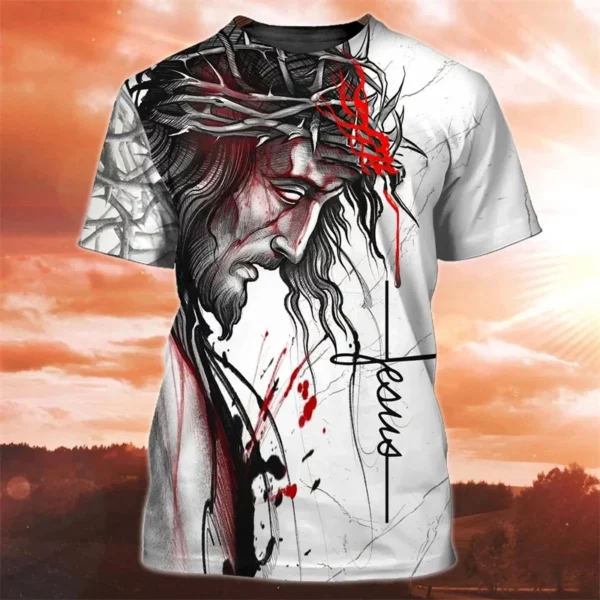 Mode 3D jésus croix impression t-shirt pour hommes christianisme dieu graphique surdimensionné T-shirts quotidien décontracté col rond à manches courtes hauts – Image 3