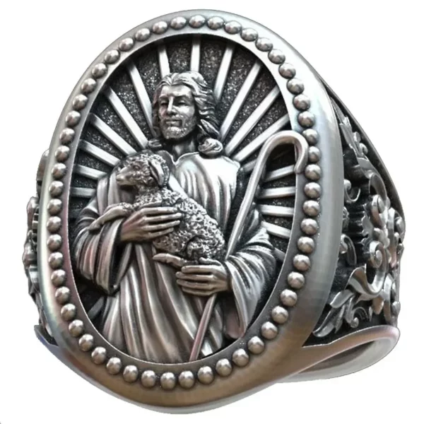 Bague d'instituts d'art religieux en argent regardé 925 massif, grand Jésus-Christ tenant un agneau, véritable bague personnalisée, 18g – Image 9