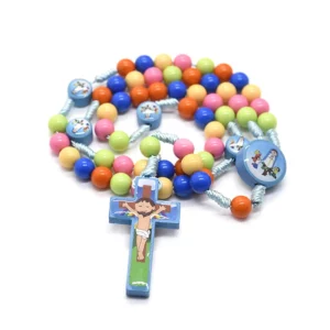 Collier pendentif croix de dessin animé pour enfants, chapelet, perles, catholique, bijoux religieux
