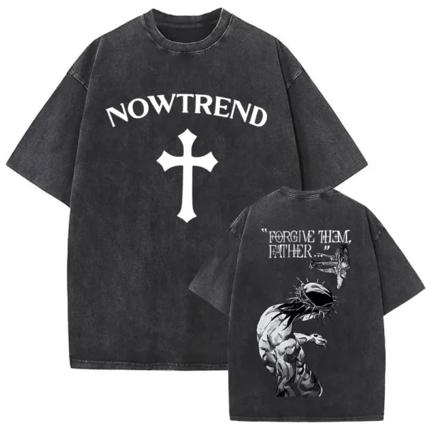 T-shirt délavé Vintage pour hommes et femmes, style religieux chrétien, jésus pardonne le père, gothique Rock, surdimensionné, Streetwear – Image 10