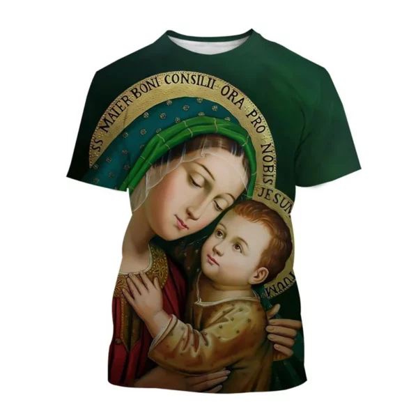 Vente chaude Vierge Marie 3D imprimé T-shirt Personnalité Christianisme Mère De Dieu Sainte Enfant T-shirts Décontracté à manches courtes T-shirt – Image 5